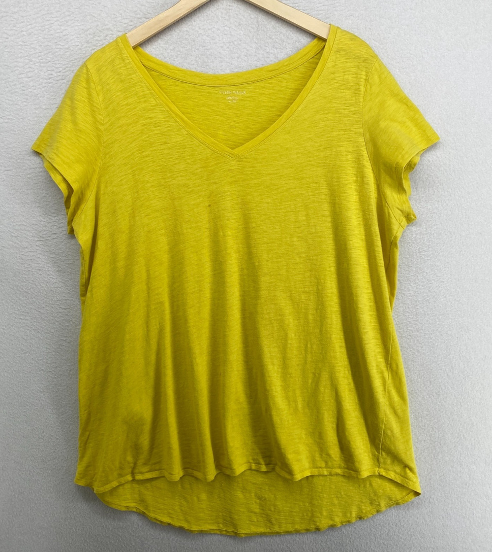 EILEEN FISHER Top XL Slub Organic Cotton Jersey V-Neck Short Sleeve Yellow